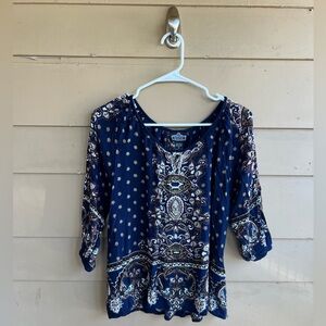 Angie Boho Long Sleeve Top Size L Hippie Peasant Casual Modest
